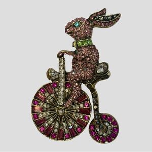 Vintage Pink and Green Bunny on Bicycle Brooch- Perfect for Easter 3 inches